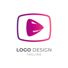 Shark video app logo. Media play button and shark head with flat concept