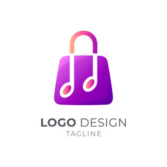 Music store logo. Shopping bag and music note with flat logo concept