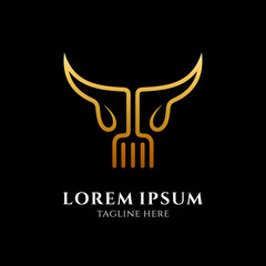 Angus beef steak logo. Cow and fork with line art logo concept in gradient gold color on black background