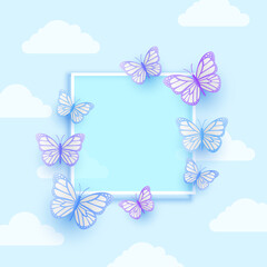 Abstract blue and purple paper butterfly flying on the sky with square frame on soft blue background. Cute vector illustration for card in paper art style.