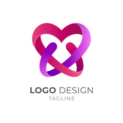Heart or love and letter W logo with linear ribbon 3d concept