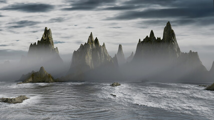 Fantasy landscape, mystic, dark island in the ocean, steep cliffs