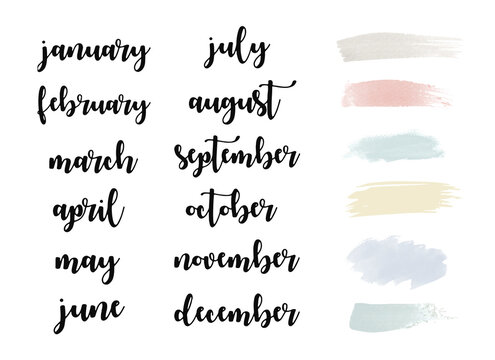 Handwritten names of months January, February, March, April, May, June, July, August, September, October, November December. Calligraphy words for calendars and organizers. Vector illustration.