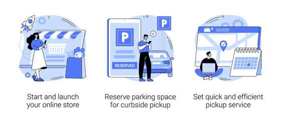 Covid19 business abstract concept vector illustration set. Start and launch your online store, reserve parking space, curbside pickup, set pickup service, employee safety abstract metaphor.