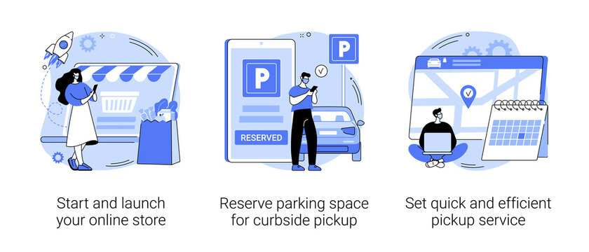 Covid19 Business Abstract Concept Vector Illustration Set. Start And Launch Your Online Store, Reserve Parking Space, Curbside Pickup, Set Pickup Service, Employee Safety Abstract Metaphor.