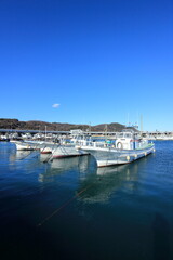 Fototapeta na wymiar 静かな入り江にある小さな漁港の風景（神奈川県の大磯漁港）