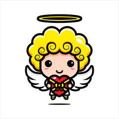 The cute cupid character design brings a heart shaped gift