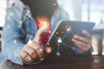 Concept of digital technology Young women planning business processes, processing management,...