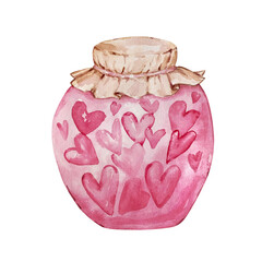 Watercolor hand drawn glass jar with pink hearts