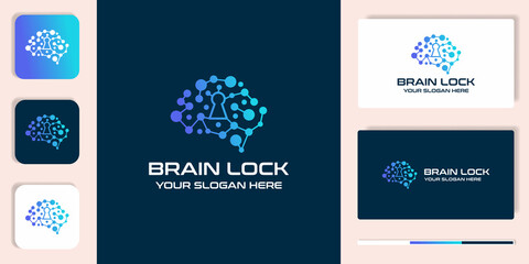 brain lock combination logo with dot molecule and business card design