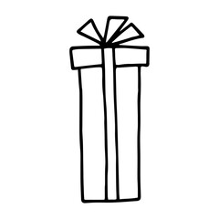 Rectangular long gift box with bow. For all holidays. Drawn by contour on a white background. Doodle style. Vector illustration.