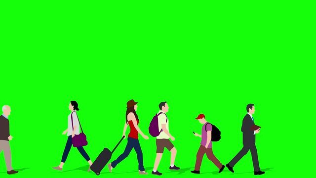 Animation of a large crowd crossing (4K video). green background for background transparent use