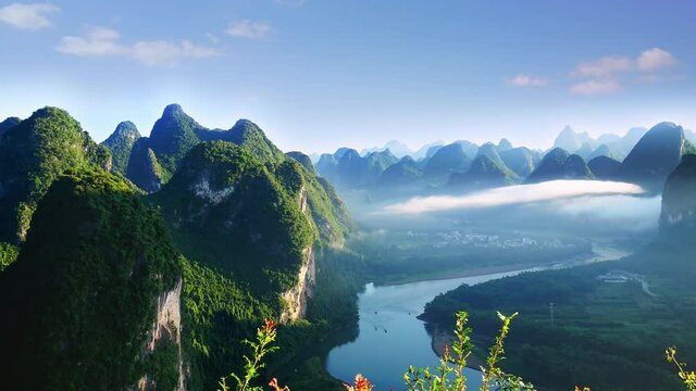 Time-lapse of landscape of Guilin in Guangxi, misty mountains and rivers