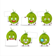 Green coconut cartoon character bring information board