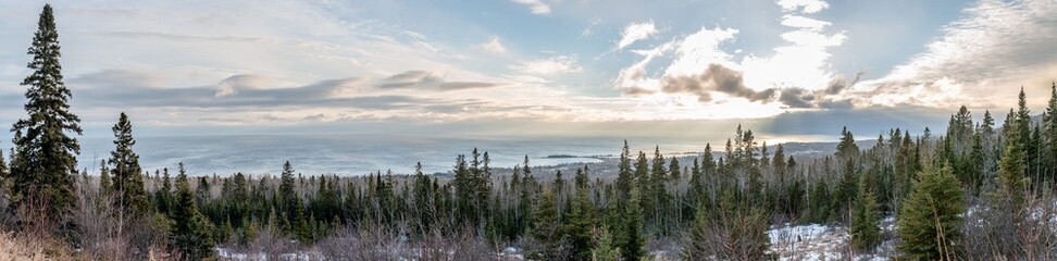 Obraz premium Panorama of Superior lake shore with coniferous forest