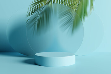 Blue product display podium with nature leaves. 3D rendering