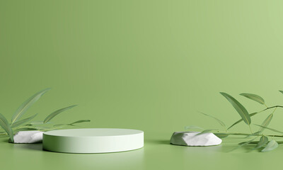 Product display podium with eucalyptus leaves on green background. 3D rendering	