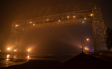 Aerial Lift Bridge in Duluth, Minnesota, on a misty winter night