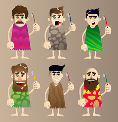 Obraz premium Cartoon caveman holding toothbrush. Vector illustration of a man from the stone age.