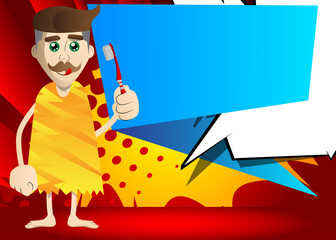 Cartoon caveman holding toothbrush. Vector illustration of a man from the stone age.