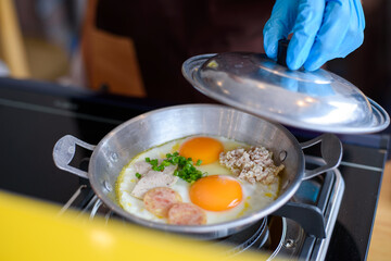 Fried eggs in a pan or pan eggs