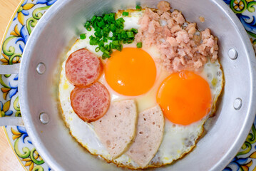 Fried eggs in a pan or pan eggs