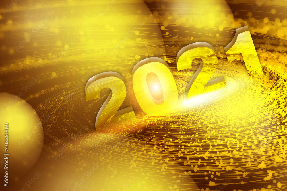 Poster the number 2021 on the golden particle vortex.