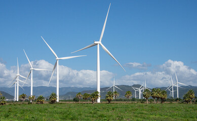 A wind farm in Puerto Rico creating clean, renewable energy.  Copy space.