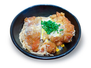 Fried Pork Katsudon Japanese food in black cups On a white background