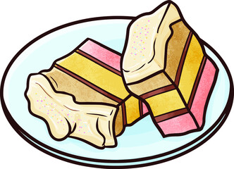 Yummy two slices of colorful cake on a plate in doodle style