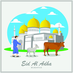 Eid al adha greeting card with mosque background. In Indonesia call Selamat Hari Raya Idul Adha