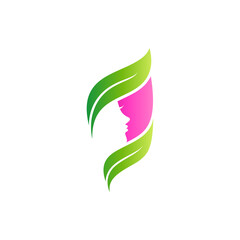 Beauty care logo template with leaf, letter E and woman silhouette concept