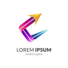 C arrow business logo template with ribbon 3d concept in multiple gradient color