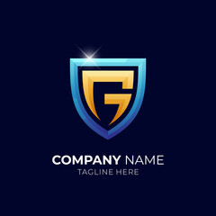 Shield letter G logo with 3d concept and sparkling star effect
