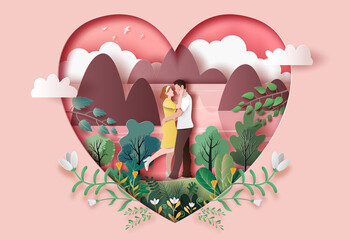 Cute couple in love hugging staring at each other's eyes in paper illustration, 3d paper.