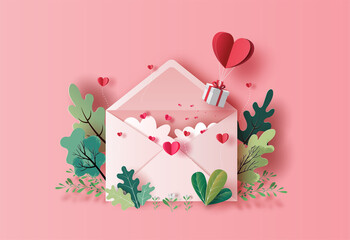 Gift box with heart balloon floating with a love letter in paper illustration, 3d paper. - obrazy, fototapety, plakaty