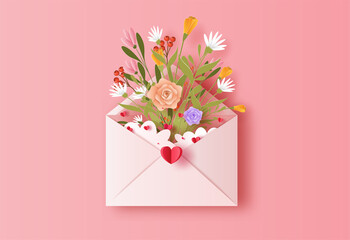 Love letter with a bunch of flowers in paper illustration, 3d paper.