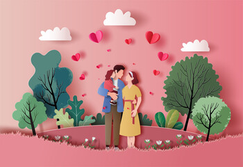 A family enjoys fresh air in the park in paper illustration, 3d paper, many hearts floating with a green and pink background.