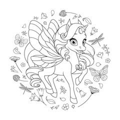 Cute fairy unicorn with wings surrounded with flowers and butterflies. Vector coloring page.