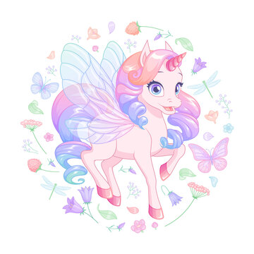 Cute baby unicorn with fairy wings surrounded with flowers and butterflies. Vector illustration.