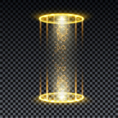Gold hologram portal. Magic fantasy portal. Magic circle teleport podium with hologram effect. Vector gold glow rays with sparks on transparent background.