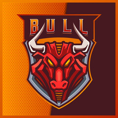 Angry Bull esport and sport mascot logo design with modern illustration concept for team, badge, emblem and t-shirt printing. Red Bull illustration on isolated background. Premium Vector