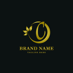 Golden Luxury Initial letter c on circle leaves for cosmetic, restaurant, boutique, hotel logo concept vector