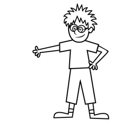 The boy points, vector illustration, black and white