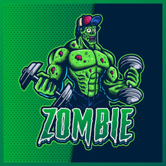Zombie Gym esport and sport mascot logo design with modern illustration concept for team, badge, emblem and t-shirt printing. Green Zombie illustration on isolated background. Premium Vector