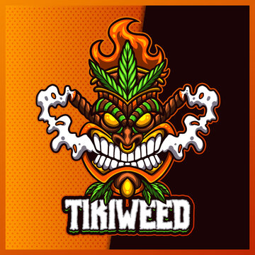 Tiki Weed esport and sport mascot logo design with modern illustration concept for team, badge, emblem and t-shirt printing. Tiki Mask illustration on isolated background. Illustration Premium Vector
