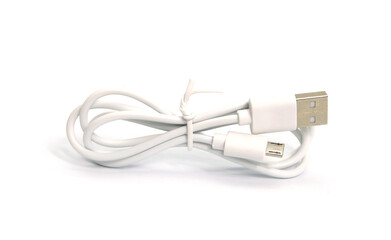 Close up white USB and micro USB cable plug isolated on white background