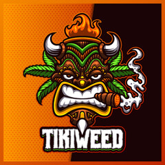 Tiki Weed esport and sport mascot logo design with modern illustration concept for team, badge, emblem and t-shirt printing. Tiki Mask illustration on isolated background. Illustration Premium Vector