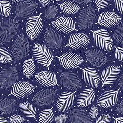 Tropical palm leaves flat vector illustration, silhouette and outlines white over dark blue background  seamless pattern.