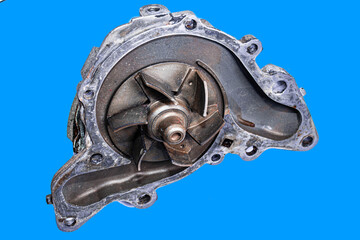 car water pump on blue background, engine cooling system spare part